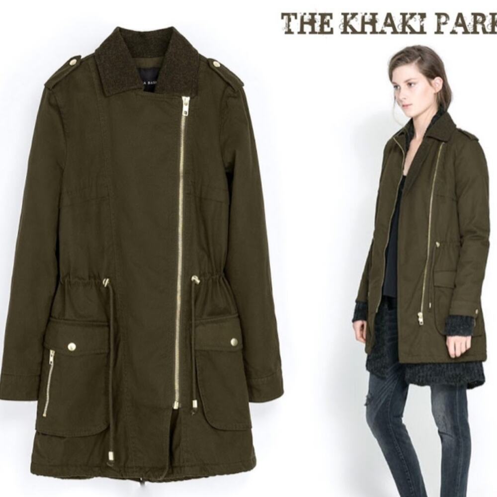 Zara Basic Brown Cotton Crossover Parka Jacket Medium - Picture 1 of 5